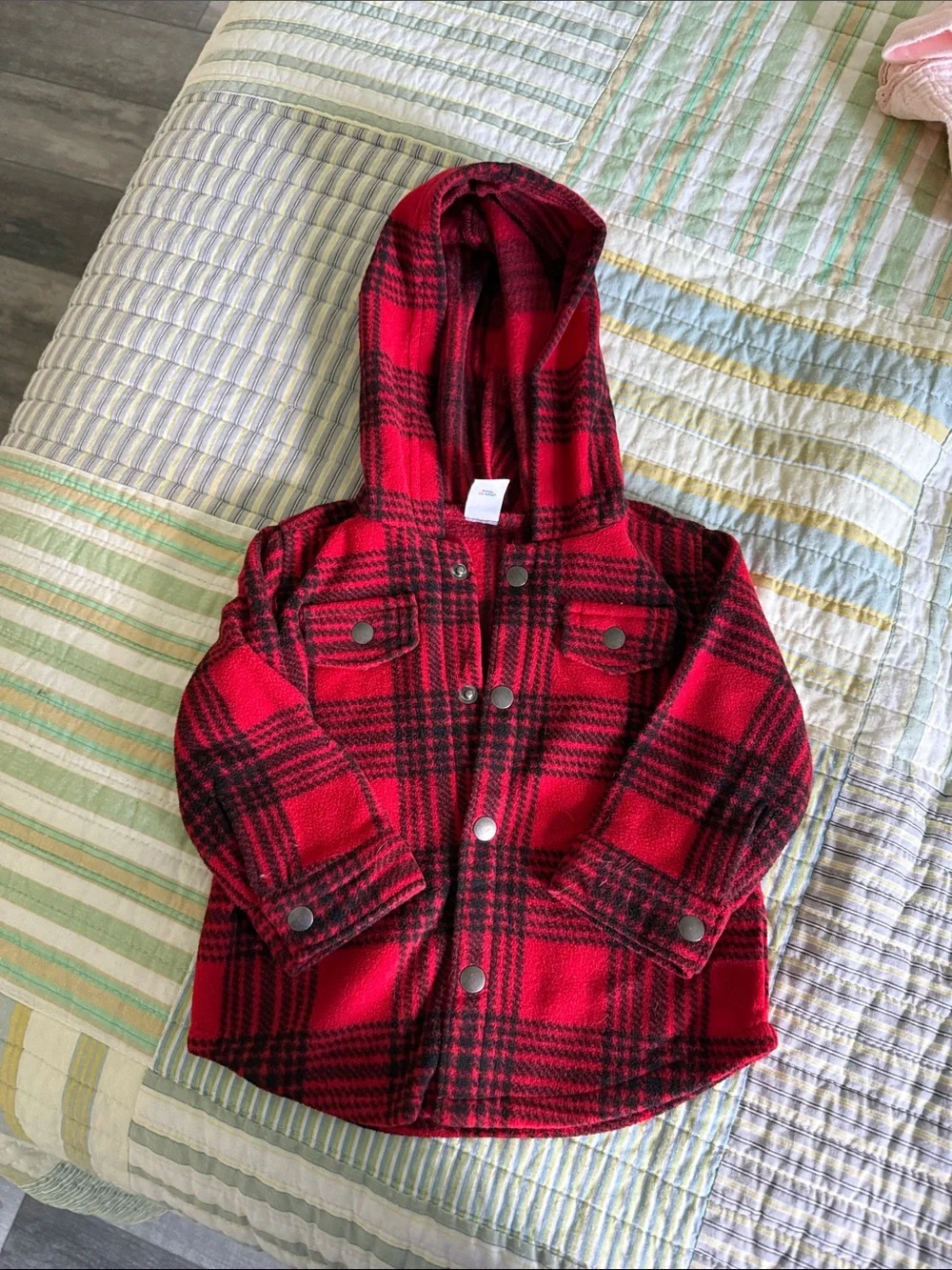 Old Navy Red and Black Plaid Hooded Button Jacket